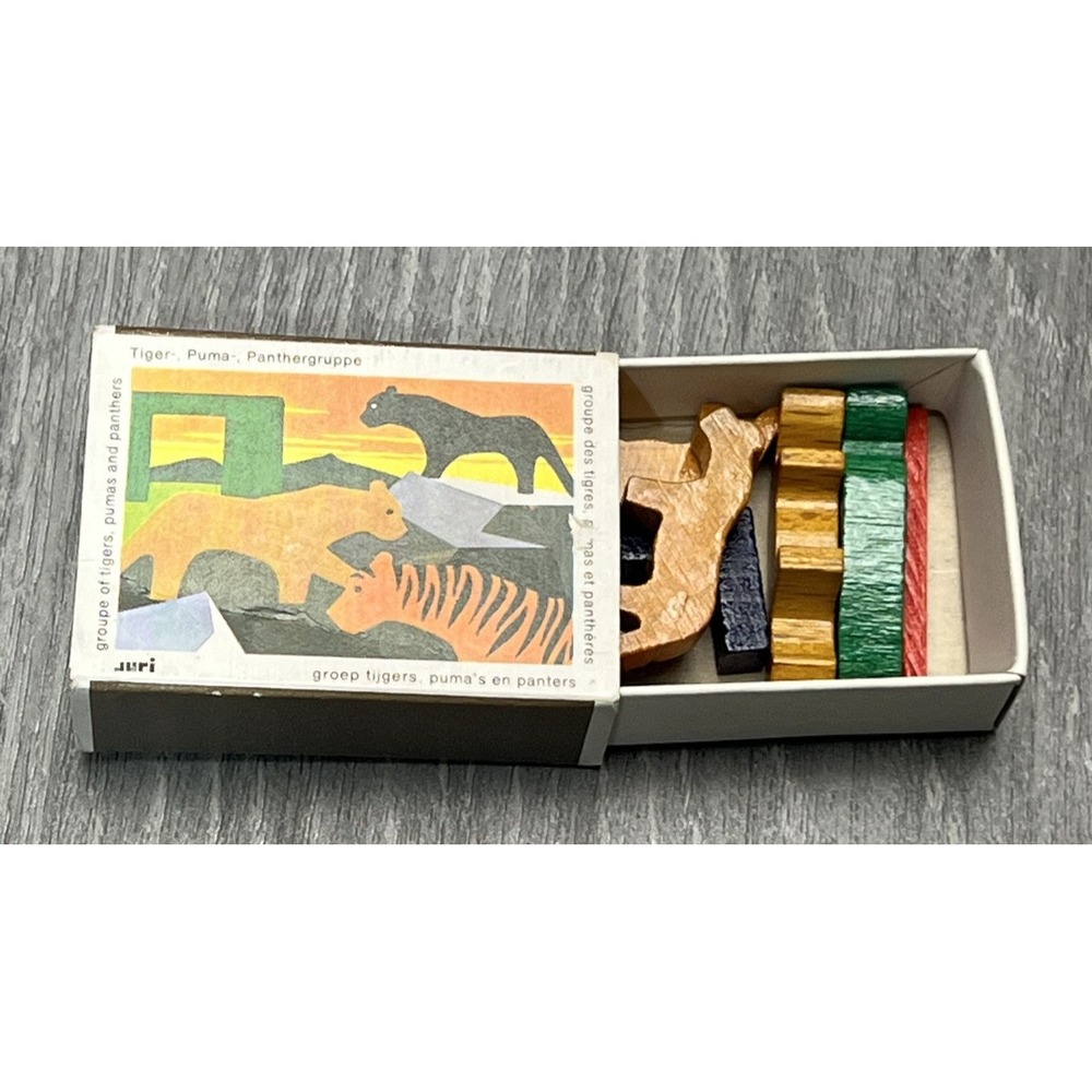 Vintage JURI Wooden Toy Blocks Matchbox Set Tiger Puma Panthergruppe Germany